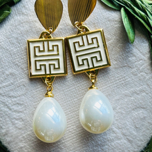 Load image into Gallery viewer, Meander & Pearl Drop Earrings