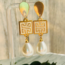 Load image into Gallery viewer, Meander & Pearl Drop Earrings