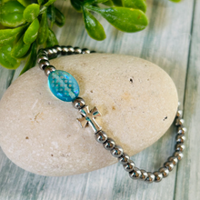 Load image into Gallery viewer, Silver Hematite Cross and Turquoise Bead Bracelet