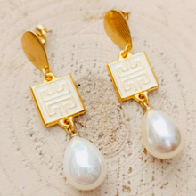 Load image into Gallery viewer, Meander & Pearl Drop Earrings