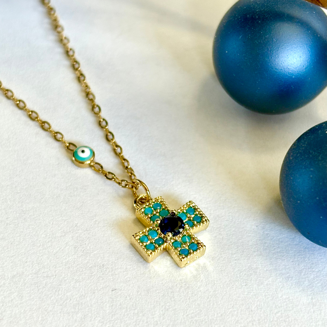 Cross Necklace with Blue Stones and Evil Eye Accent