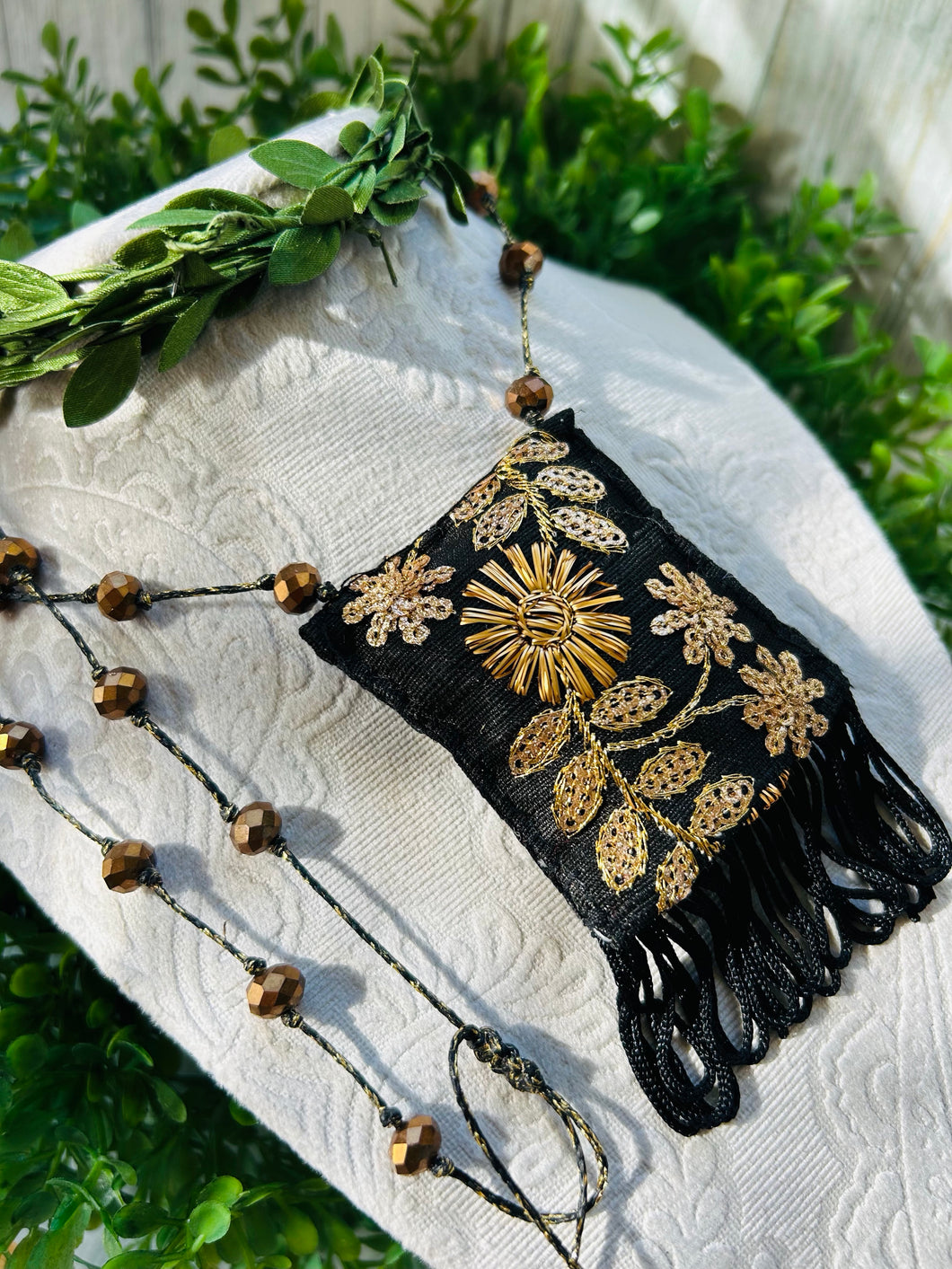 Black and Gold Embroidered Necklace