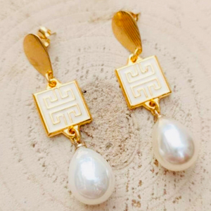 Meander & Pearl Drop Earrings